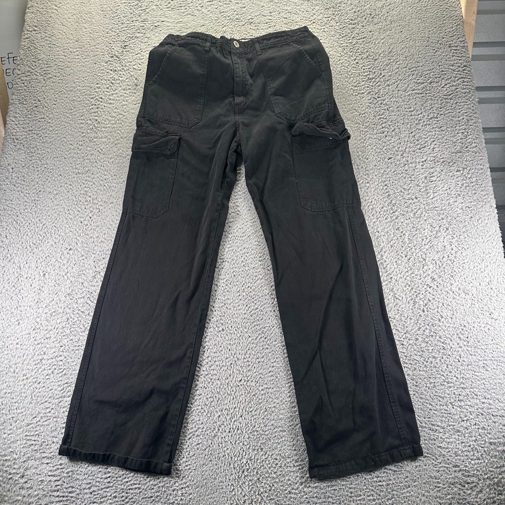Zara Jeans Women 10 Black Denim Cotton Cargo Straight Leg Baggy Utility Workwear